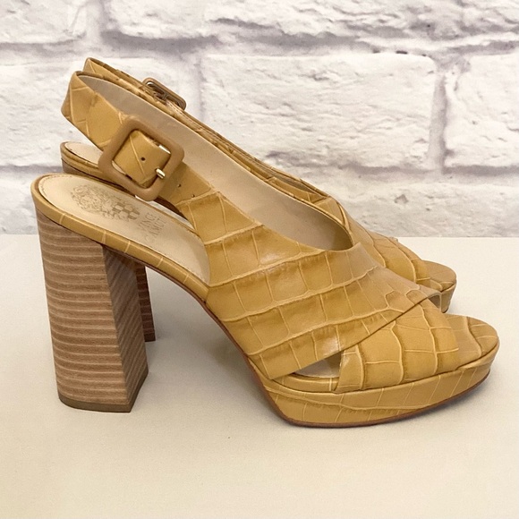 Vince Camuto 9 Javasan Caramel Croc Leather Women’s Sandals Heels Chunky Shoes - Picture 12 of 13